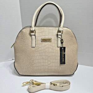 NWT $100 London Fog Designer Croco Vegan Leather Satchel/Crossbody Bag Stone Tan